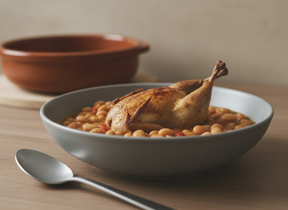 Plato hondo de cerámica gris piedra mate con pochas blancas enteras en caldo untuoso, media codorniz de piel dorada encima y sofrito rojizo entre las alubias.