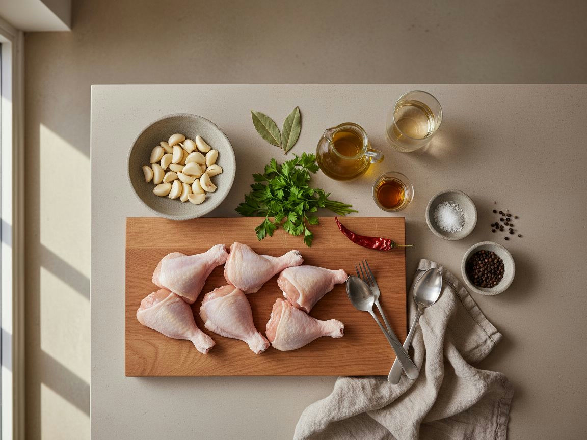 Bodegón: pollo troceado, dientes de ajo, laurel, guindilla, vino blanco y aceite de oliva