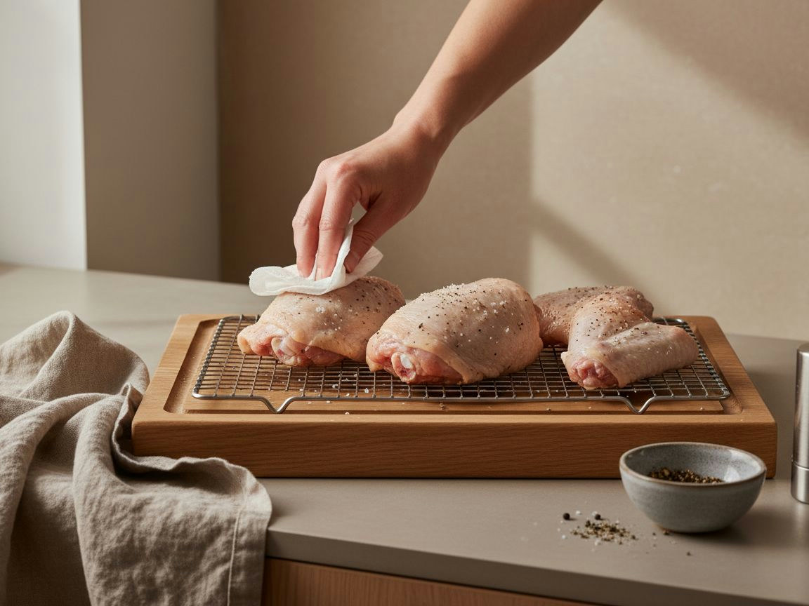 Piezas de pollo secadas y sazonadas reposando sobre rejilla
