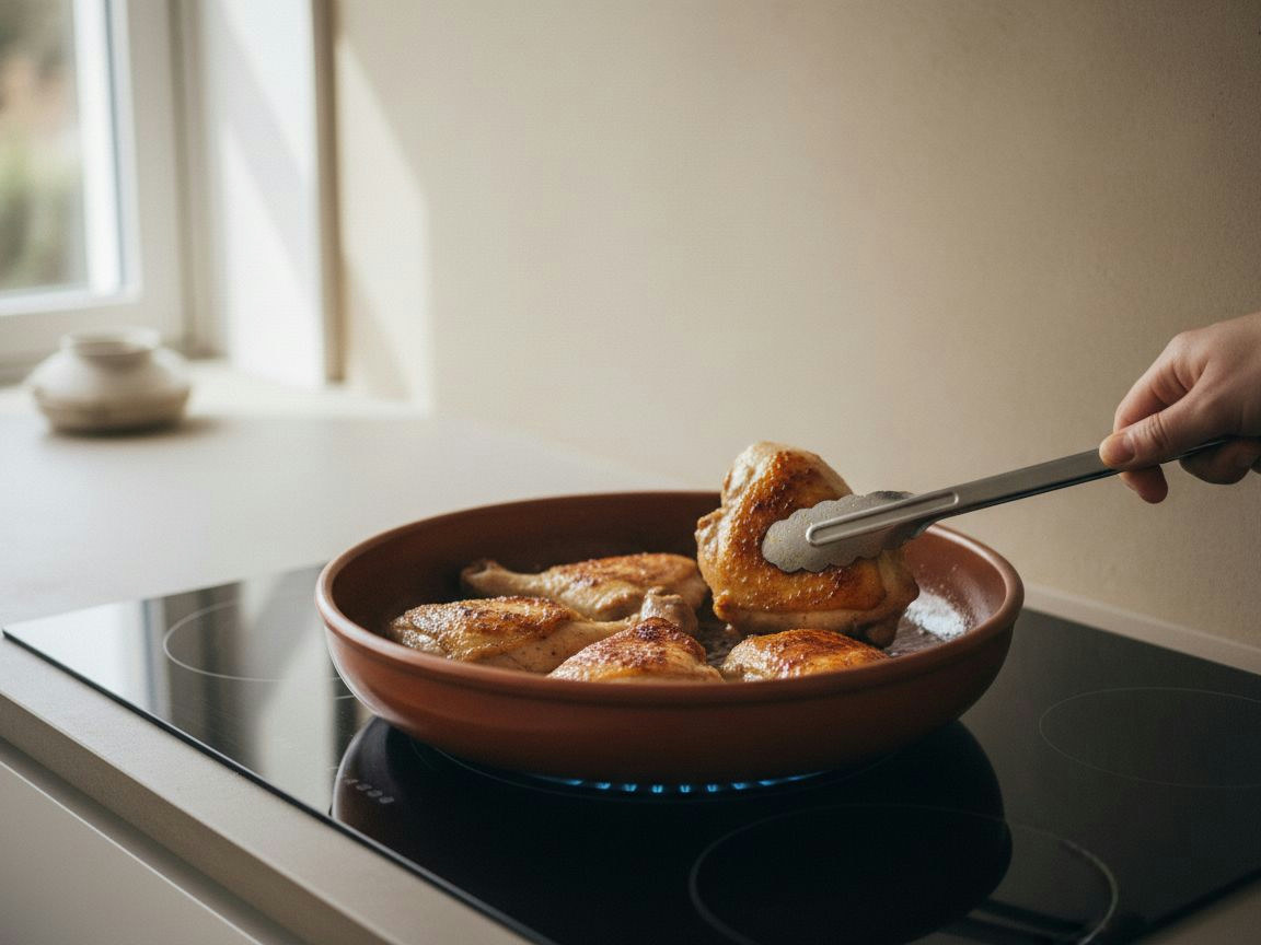Pollo dorándose con la piel hacia abajo en la cazuela