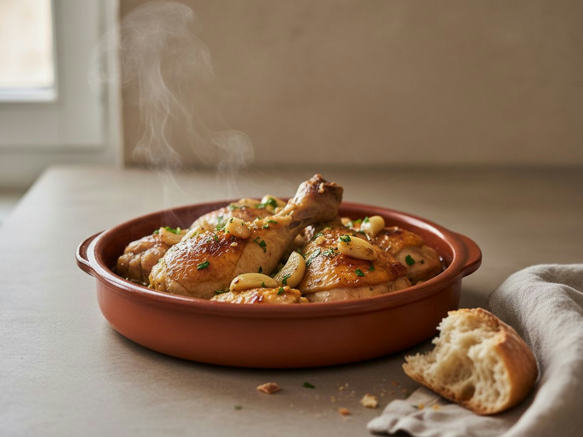 Pollo al ajillo dorado en cazuela de barro con dientes de ajo confitados y salsa brillante