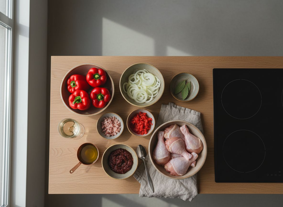Mise en place del pollo al chilindrón: pollo de corral despiezado en ocho, pimientos rojos morrones enteros, jamón serrano en dados, cebolla en juliana, tomate rallado, pulpa de pimiento choricero y pimentón de La Vera