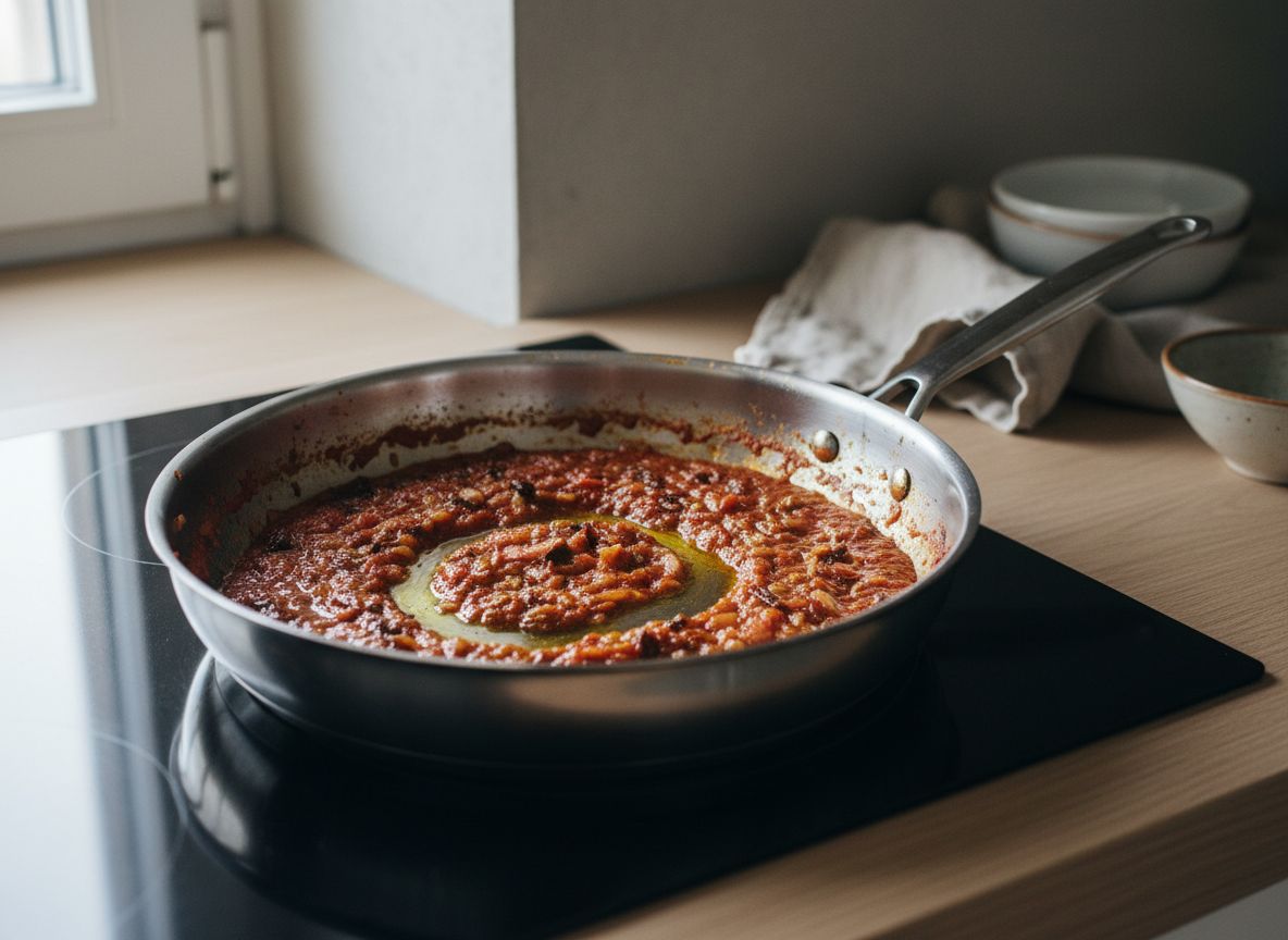 Sofrito de tomate y pulpa de choricero en punto de teja profundo con el aceite subiendo limpio por los bordes