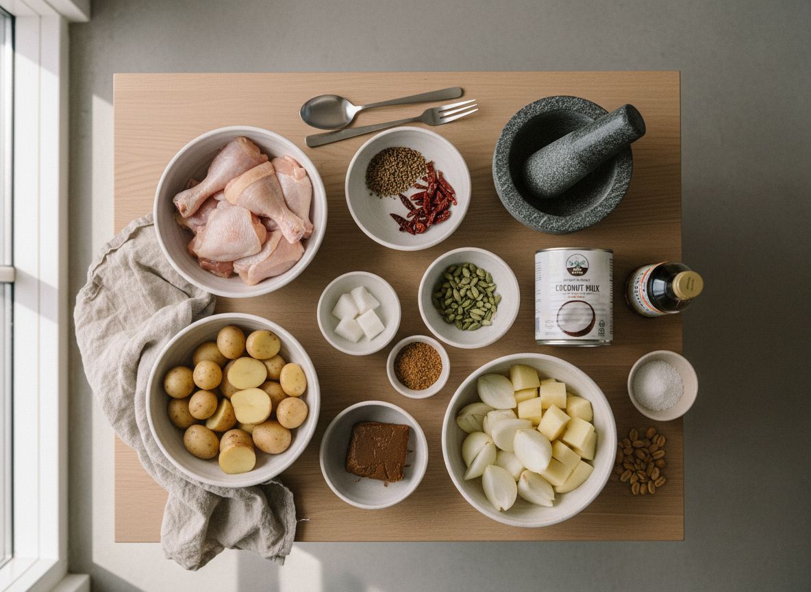 Mise en place del massaman: contramuslos de pollo en trozos, guindillas rojas secas, citronela, galanga en láminas, chalotas, ajo, semillas de cilantro y comino, cardamomo, clavo, canela en rama, azúcar de palma, tamarindo, cacahuetes y patatas