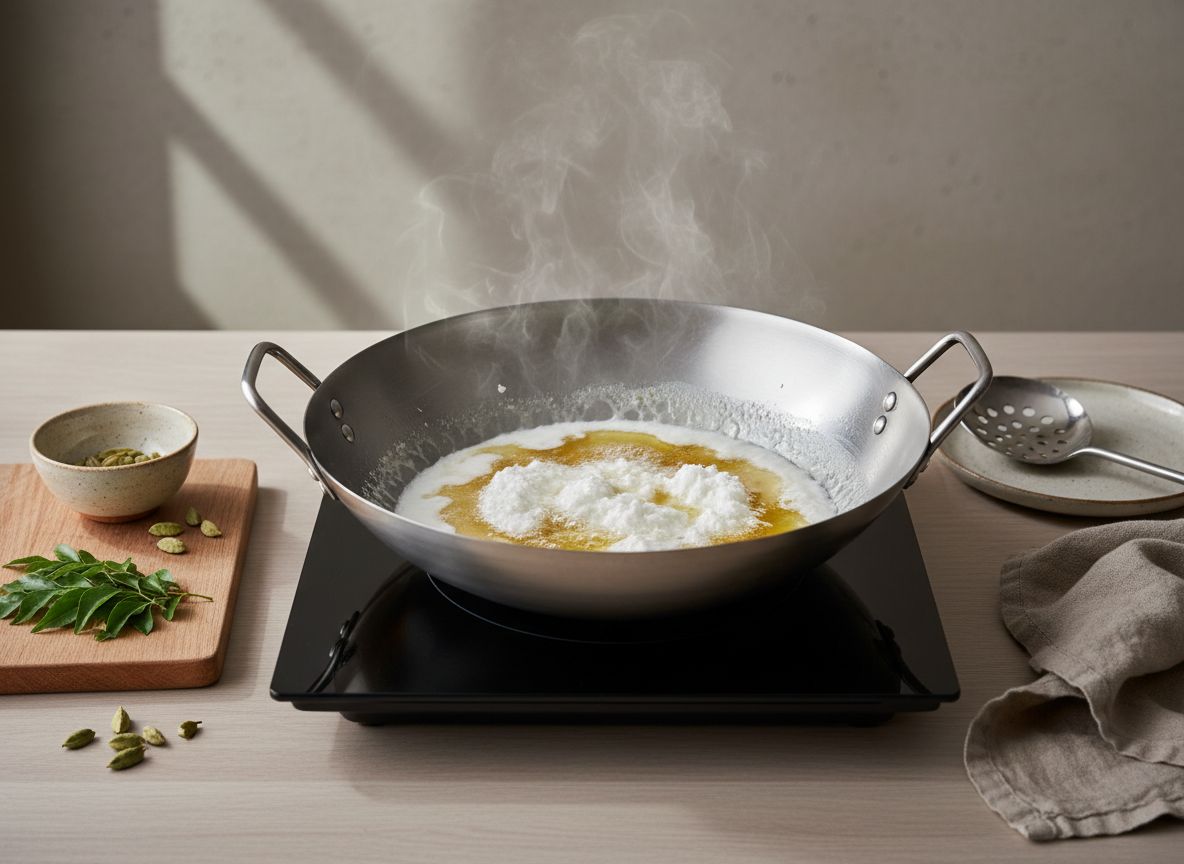 Crema de coco rompiéndose en el wok, con el aceite transparente separándose sobre los sólidos blancos