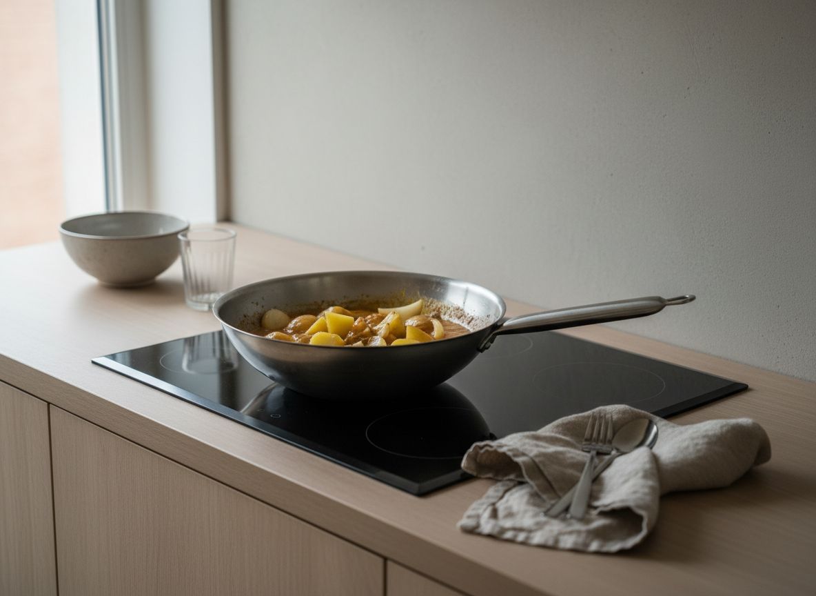 Dados de patata y gajos de cebolla sumergiéndose en la salsa del massaman, con las aristas intactas