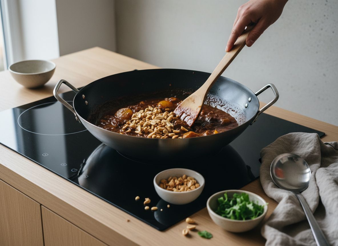 Cacahuetes tostados añadiéndose al curry y ajuste final probando con una cuchara
