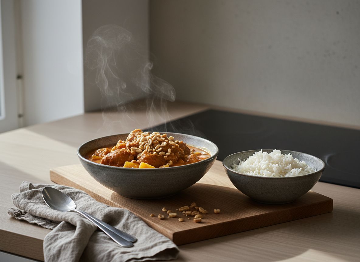 Pollo al curry massaman en bol hondo de cerámica gris piedra: salsa espesa de color pardo anaranjado con el aceite de coco brillando en la superficie, trozos de contramuslo, dados de patata con las aristas intactas, cacahuetes machacados, chalota frita crujiente y hojas de cilantro, con un bol de arroz jazmín al lado