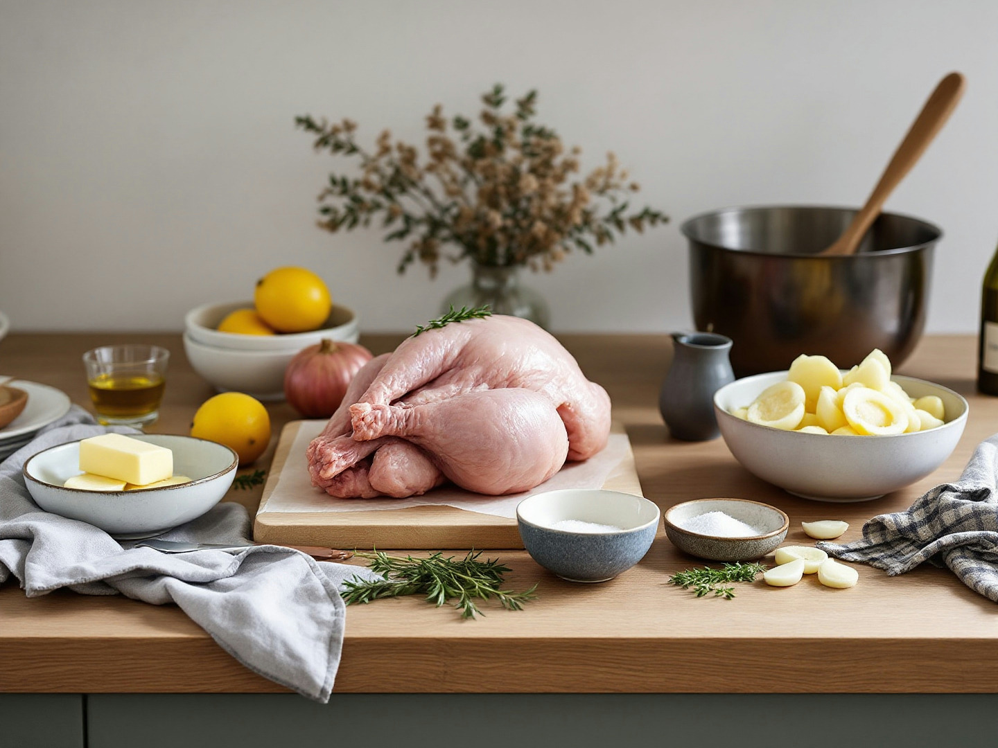 Ingredientes del pollo asado sobre encimera de roble: pollo de corral entero, patatas en rodajas, cebolla, limón, cabeza de ajo, tomillo, mantequilla y sal