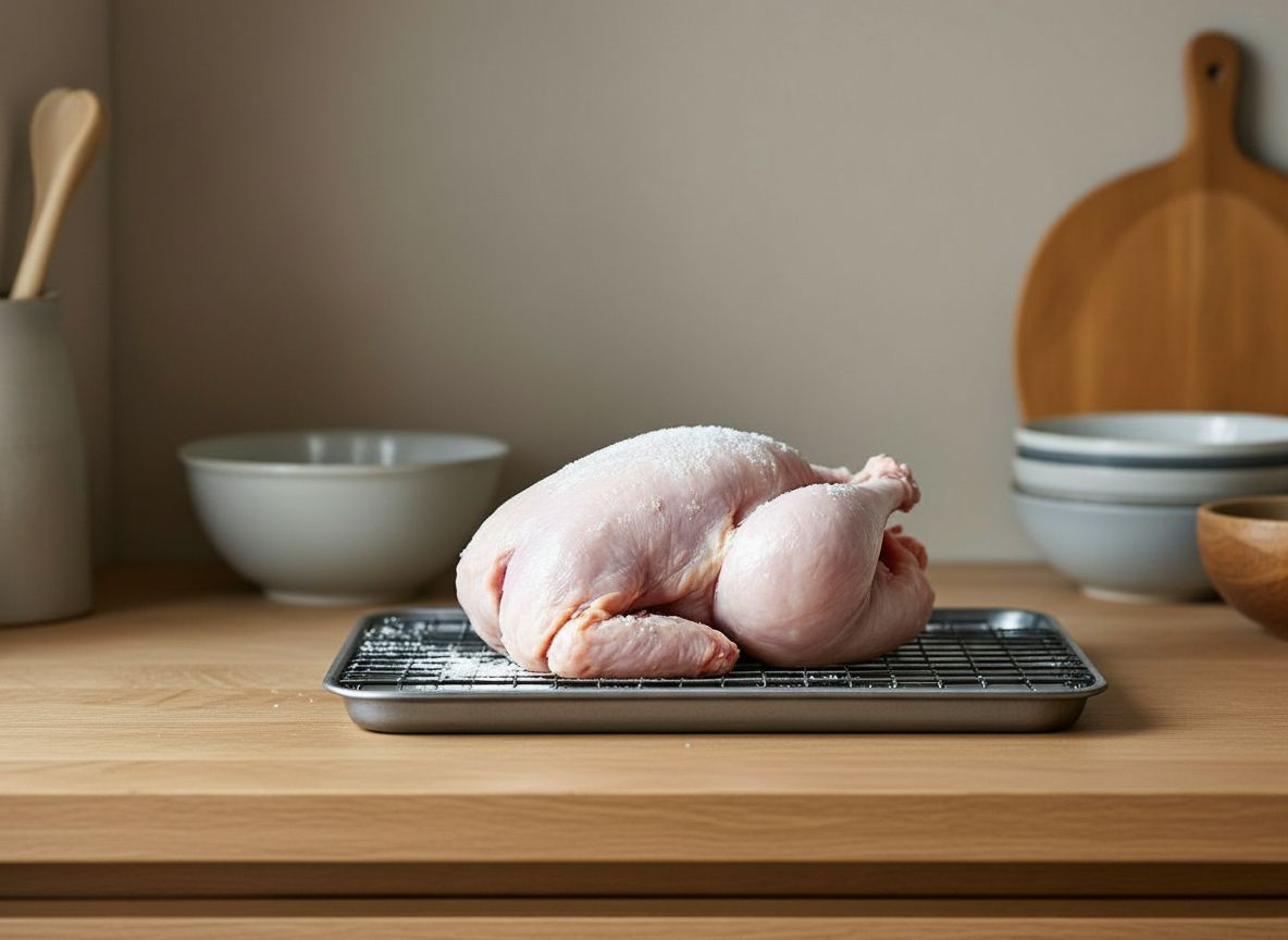 Pollo entero salado reposando destapado sobre una rejilla en la nevera, con la piel seca y tensa y los cristales de sal visibles