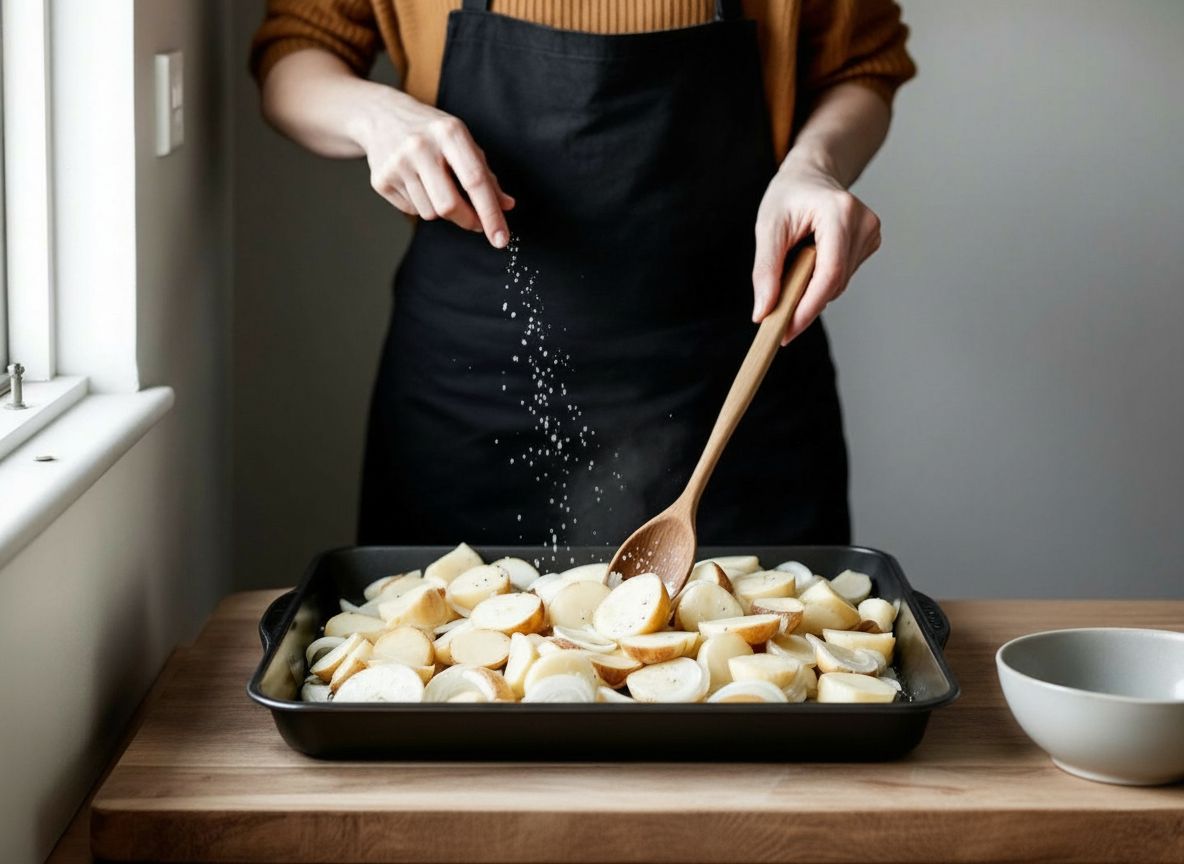 Rodajas gruesas de patata y aros de cebolla extendidos en una sola capa en la bandeja de horno, brillantes de aceite y con sal gruesa