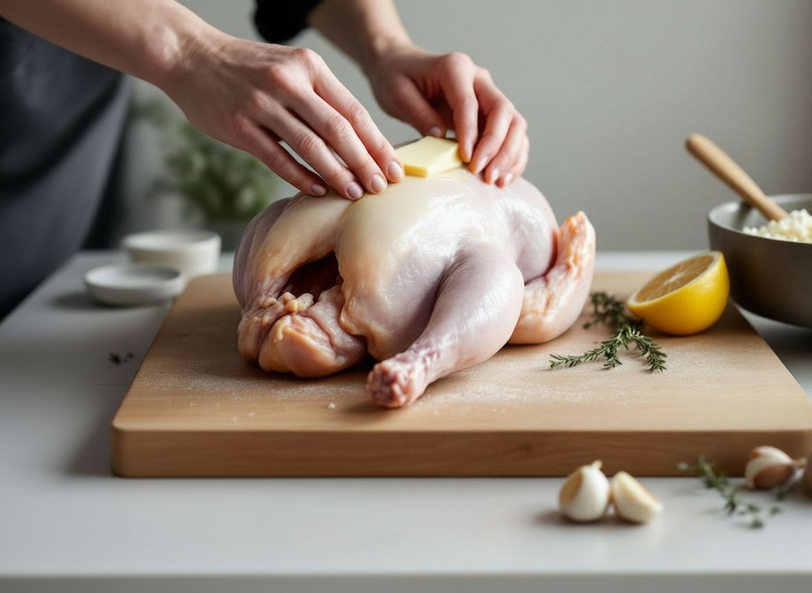 Manos untando con mantequilla blanda la pechuga del pollo crudo, con el limón pinchado, el ajo y el tomillo preparados al lado