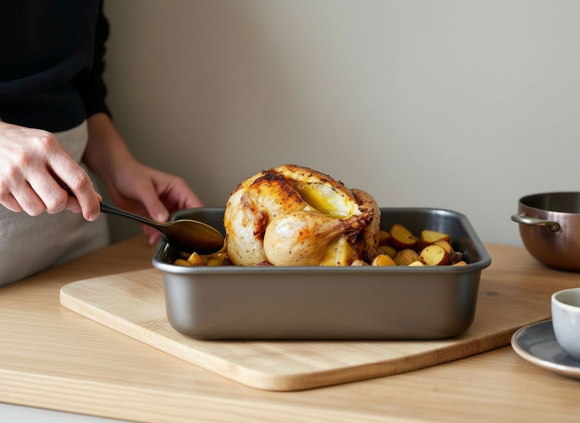 Una cuchara riega el pollo medio asado con la grasa y los jugos del fondo de la bandeja, la piel lacada y brillante