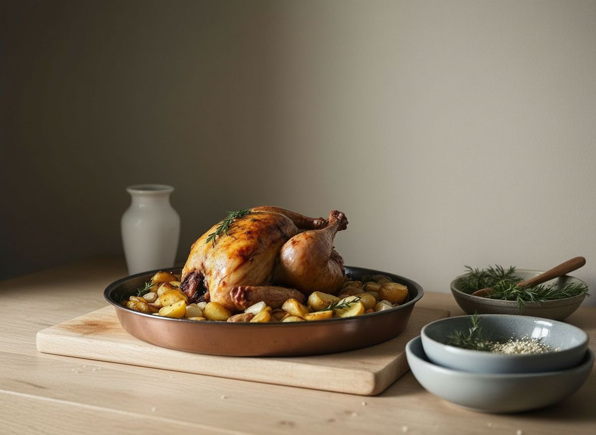 Pollo asado al horno con la piel dorada y crujiente sobre un lecho de patatas confitadas en su propia grasa