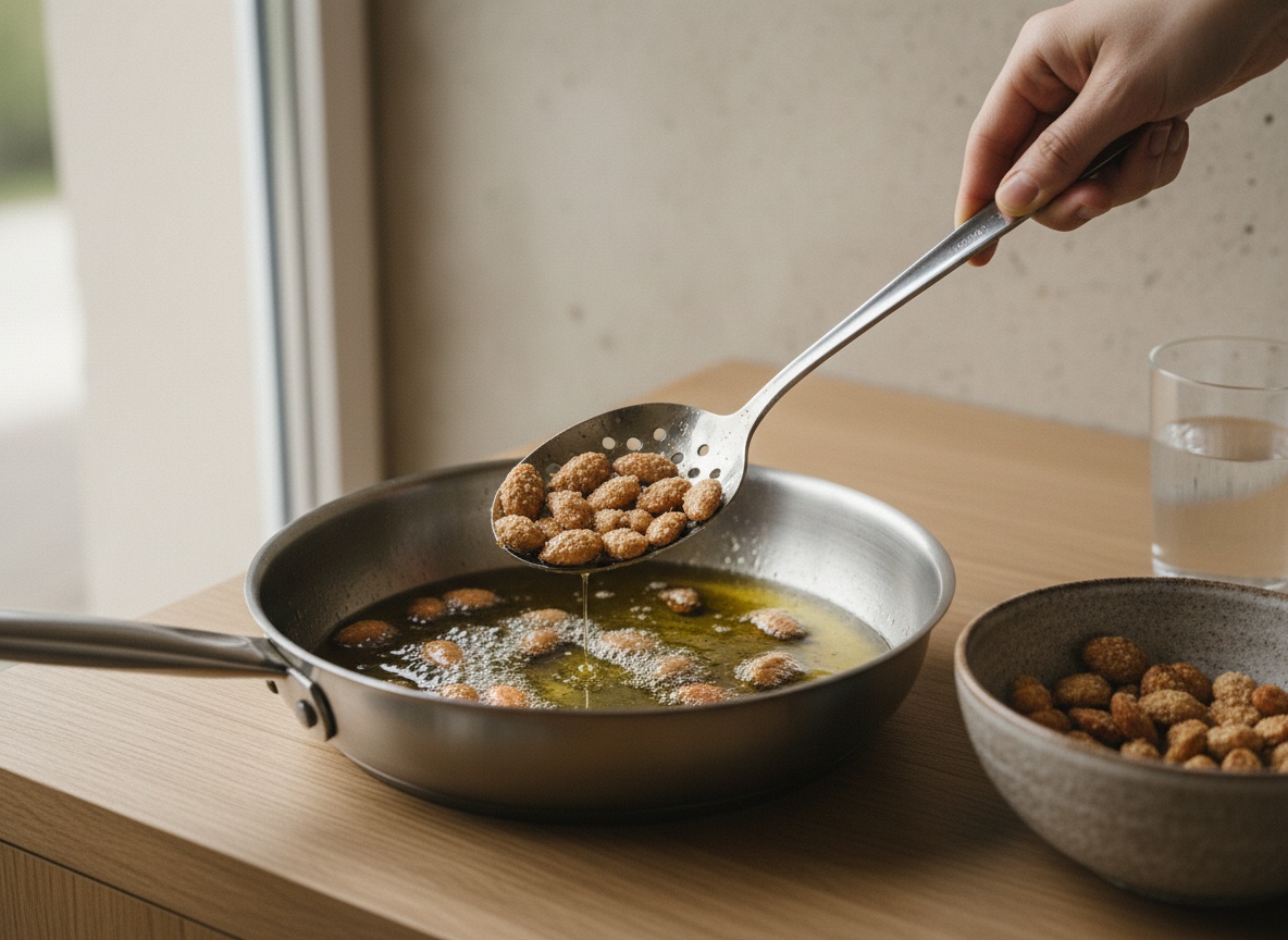Almendras marcona friéndose doradas en aceite de oliva y retirándose con espumadera a un plato frío