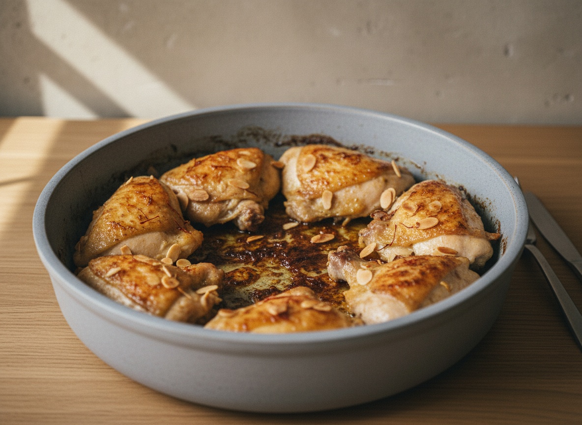 Piezas de pollo sellándose con la piel dorada en la cazuela dejando restos caramelizados en el fondo