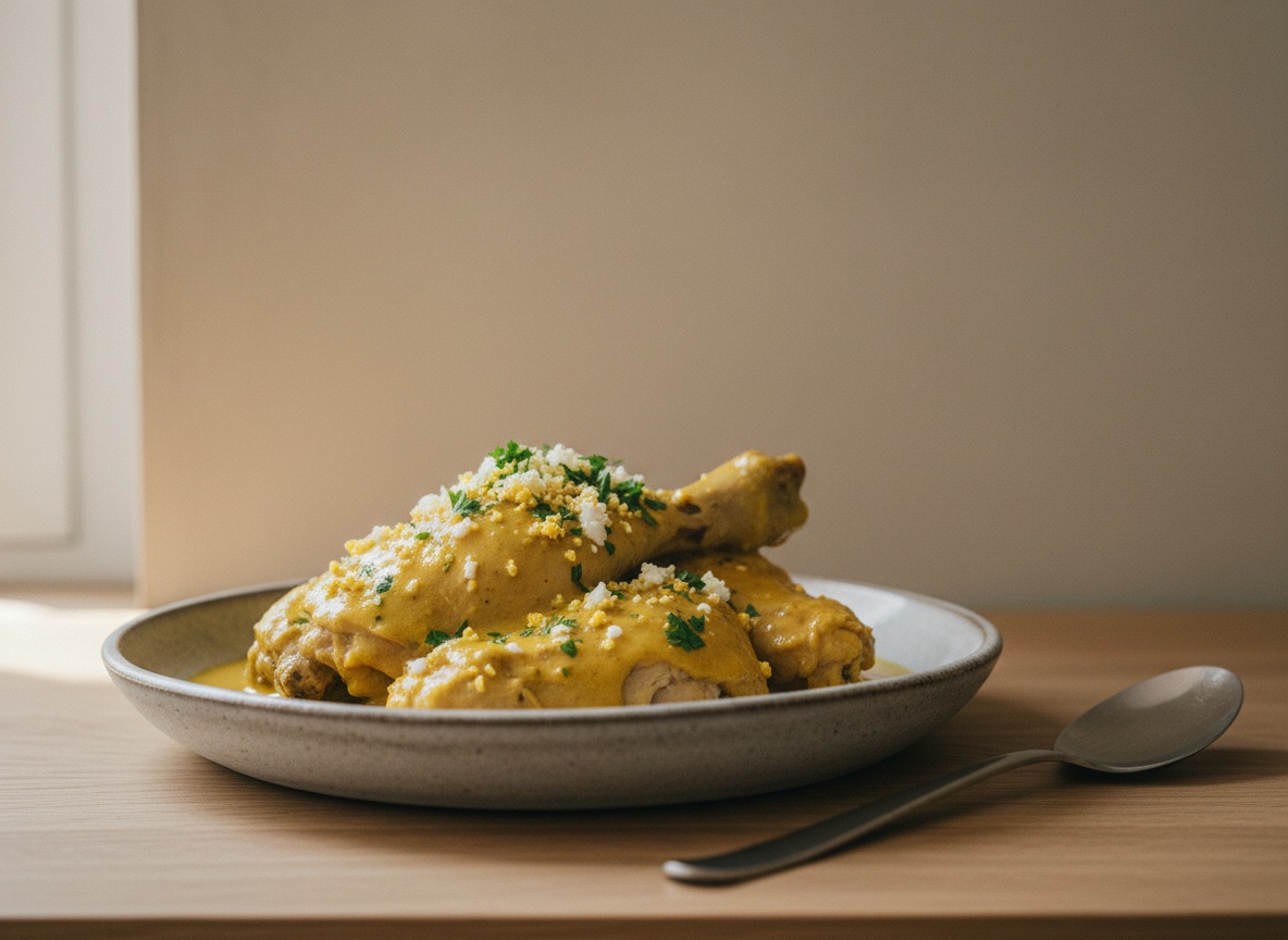 Piezas de pollo de corral napadas con una salsa amarilla espesa de almendra y azafrán, coronadas con clara de huevo cocida picada y perejil en plato hondo