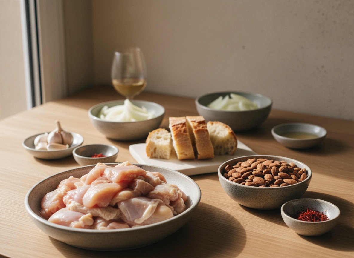 Mise en place: pollo troceado, almendras marcona, rebanadas de pan candeal, ajos, hebras de azafrán, cebolla y vino fino