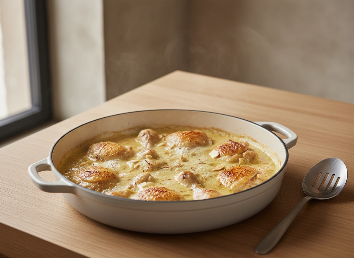 Vino fino evaporando en la cazuela con las piezas de pollo devueltas y el caldo caliente