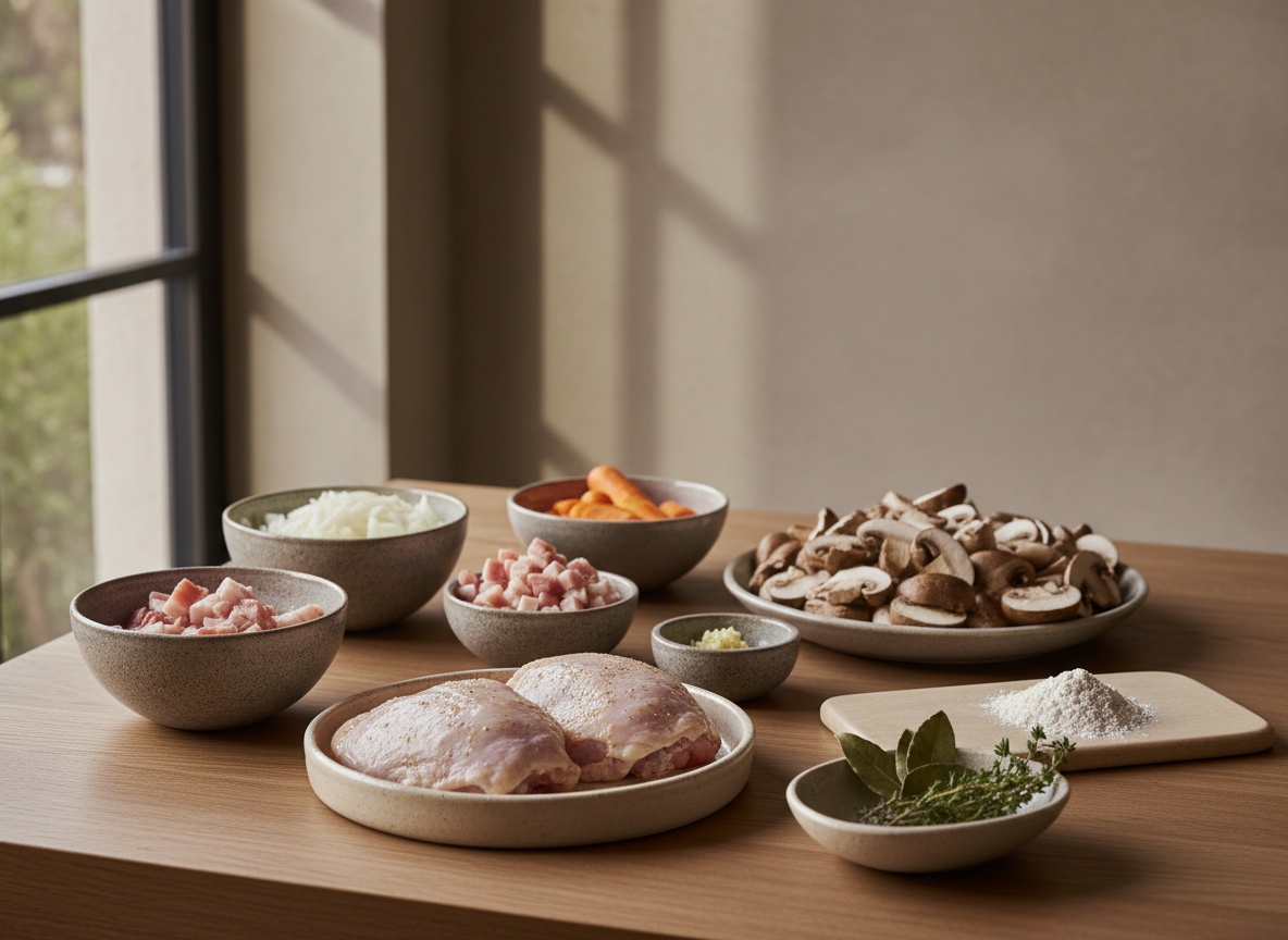 Bodegón de mise en place sobre piedra clara: muslos de pollo de corral con piel, dados de panceta, cebolla picada, zanahoria, ajo, setas en cuartos, harina, laurel y tomillo, cada uno en su cuenco blanco hueso.