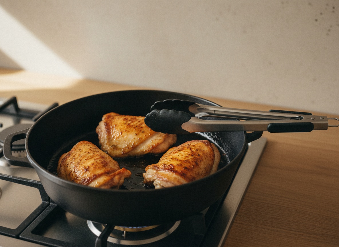 Cocotte de hierro sobre la placa con llama, con tres piezas de pollo con la piel hacia abajo dorándose en aceite, separadas entre sí, la piel tostada en los bordes, unas pinzas apoyadas en el borde de la cocotte.