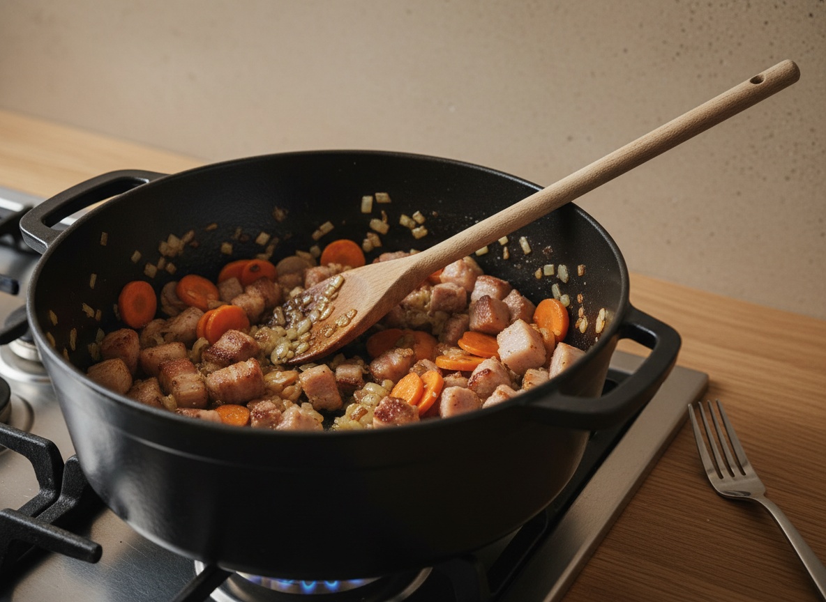Cocotte de hierro sobre la placa con llama, con panceta dorada, cebolla picada y rodajas de zanahoria rehogándose en la grasa, el fondo tostado despegándose, y una cuchara de madera apoyada dentro.