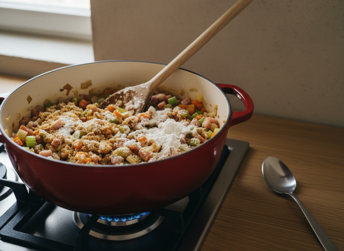 Cocotte de hierro sobre la placa con llama, con el sofrito de panceta y verduras cubierto de harina recién espolvoreada, en parte ya tostada y adherida a las verduras, cuchara de madera dentro.