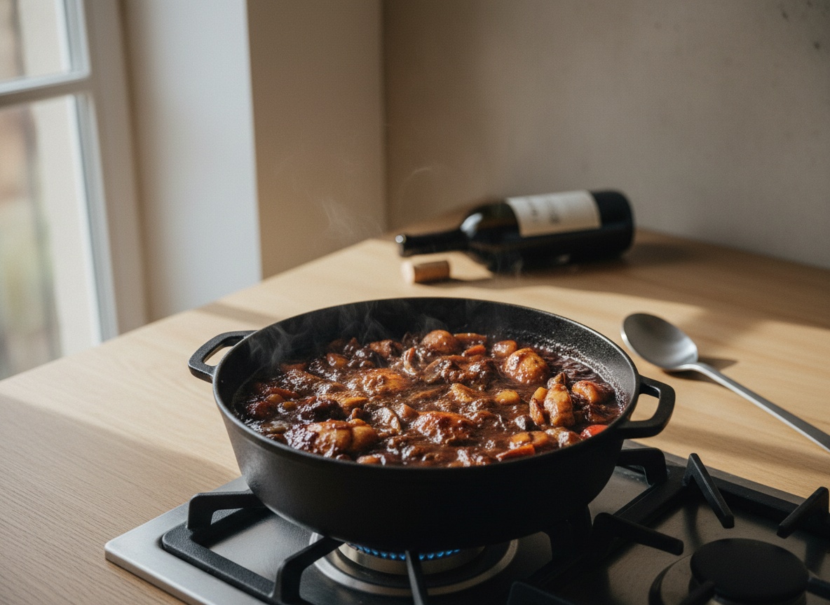 Cocotte de hierro sobre la placa con llama, con vino tinto burbujeando sobre el sofrito, vapor subiendo y la salsa reducida, oscura y brillante, cubriendo las verduras; la botella de vino ya abierta al fondo.