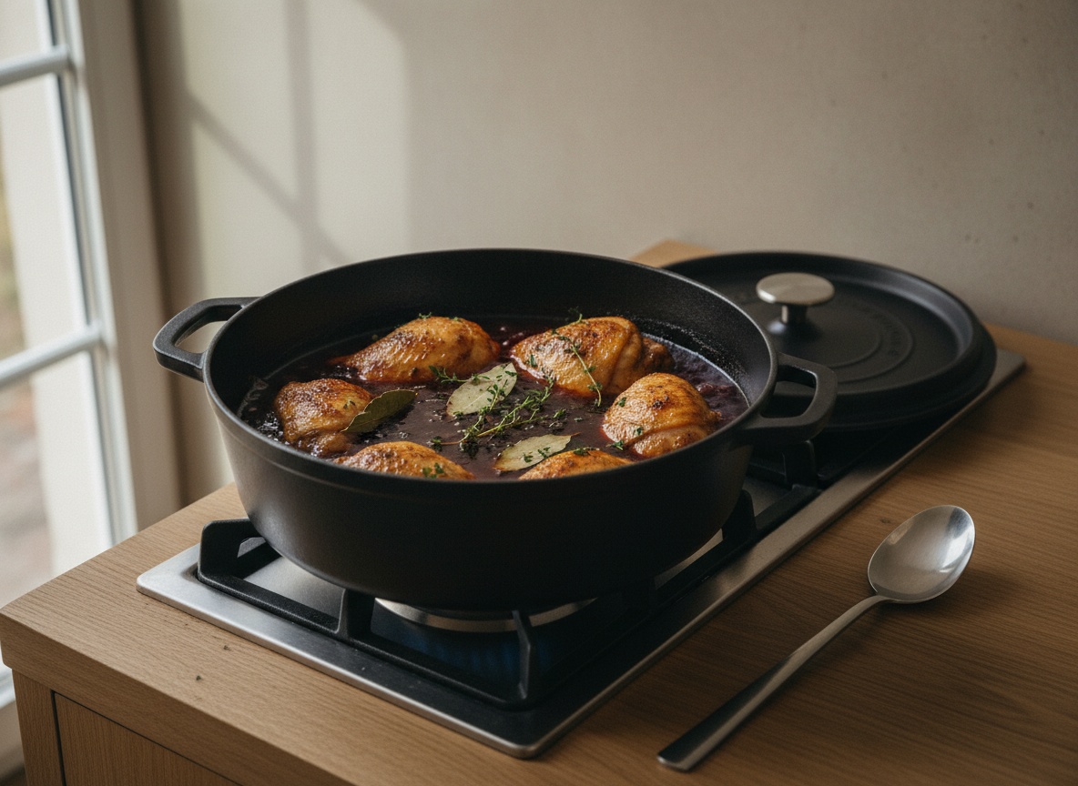 Cocotte de hierro sobre la placa con llama, tapa retirada a un lado, con las piezas de pollo doradas sumergidas dos tercios en salsa oscura de vino, laurel y ramitas de tomillo flotando, burbujeo mínimo en la superficie.