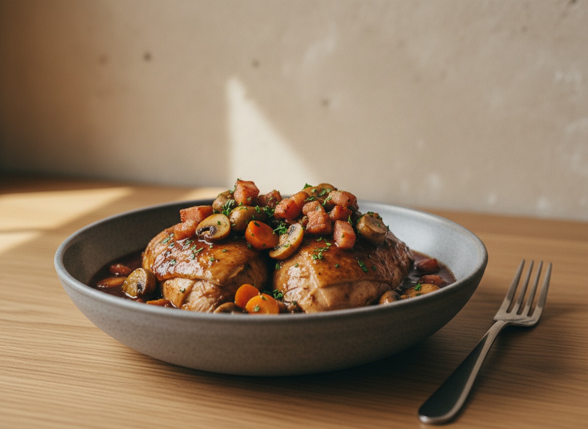 Muslos de pollo de corral guisados en salsa oscura de vino tinto con setas, panceta y zanahoria, en plato hondo cerámico blanco hueso con perejil.
