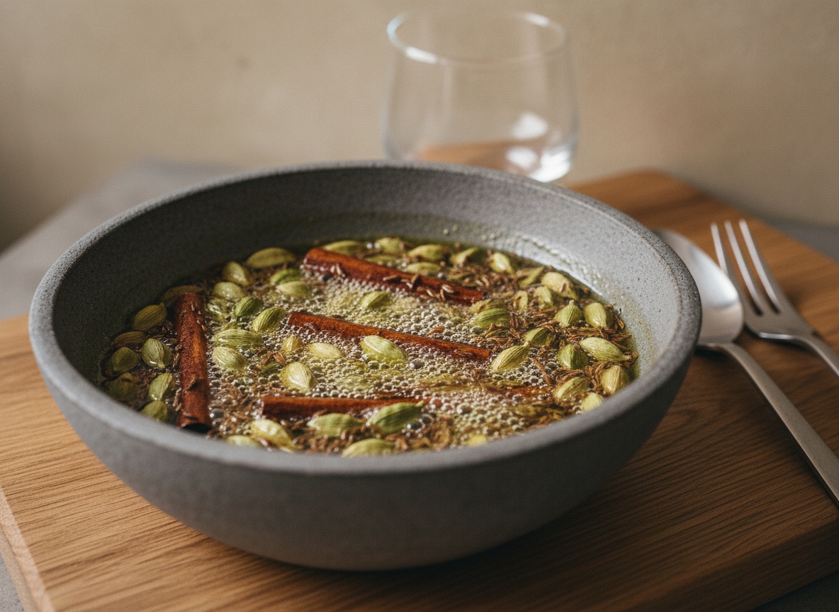 Especias enteras de cardamomo, canela y comino temperándose y chisporroteando en ghee caliente