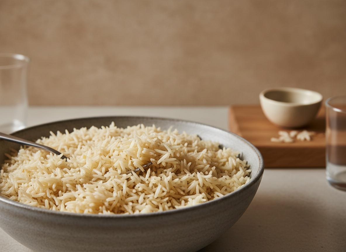 Arroz basmati recién cocido y reposado, con los granos largos y sueltos, ahuecándose con un tenedor