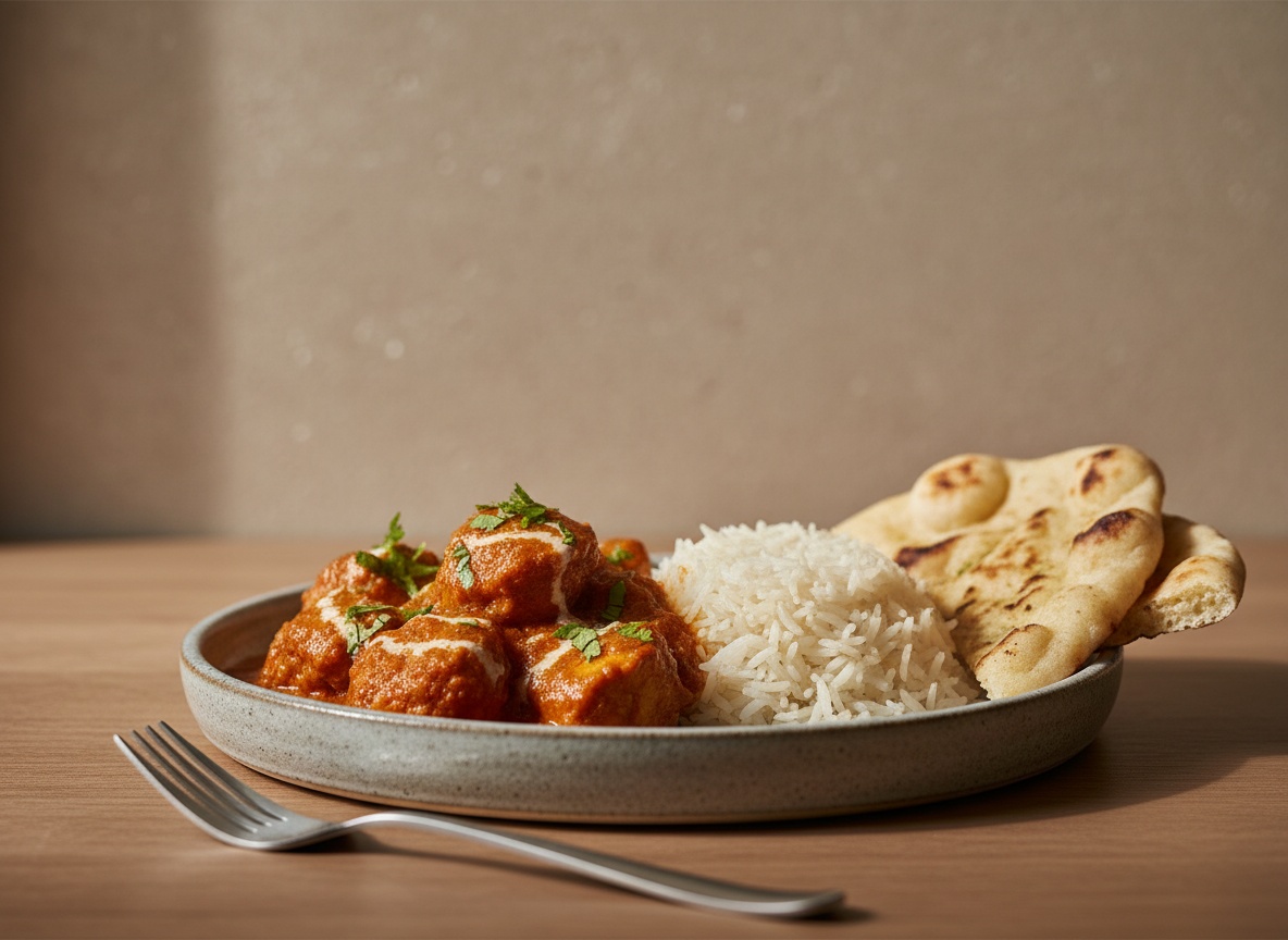 Pollo tikka masala en cuenco hondo con salsa naranja cremosa, espiral de nata, cilantro fresco y trozos de pollo con bordes tostados, acompañado de arroz basmati y naan