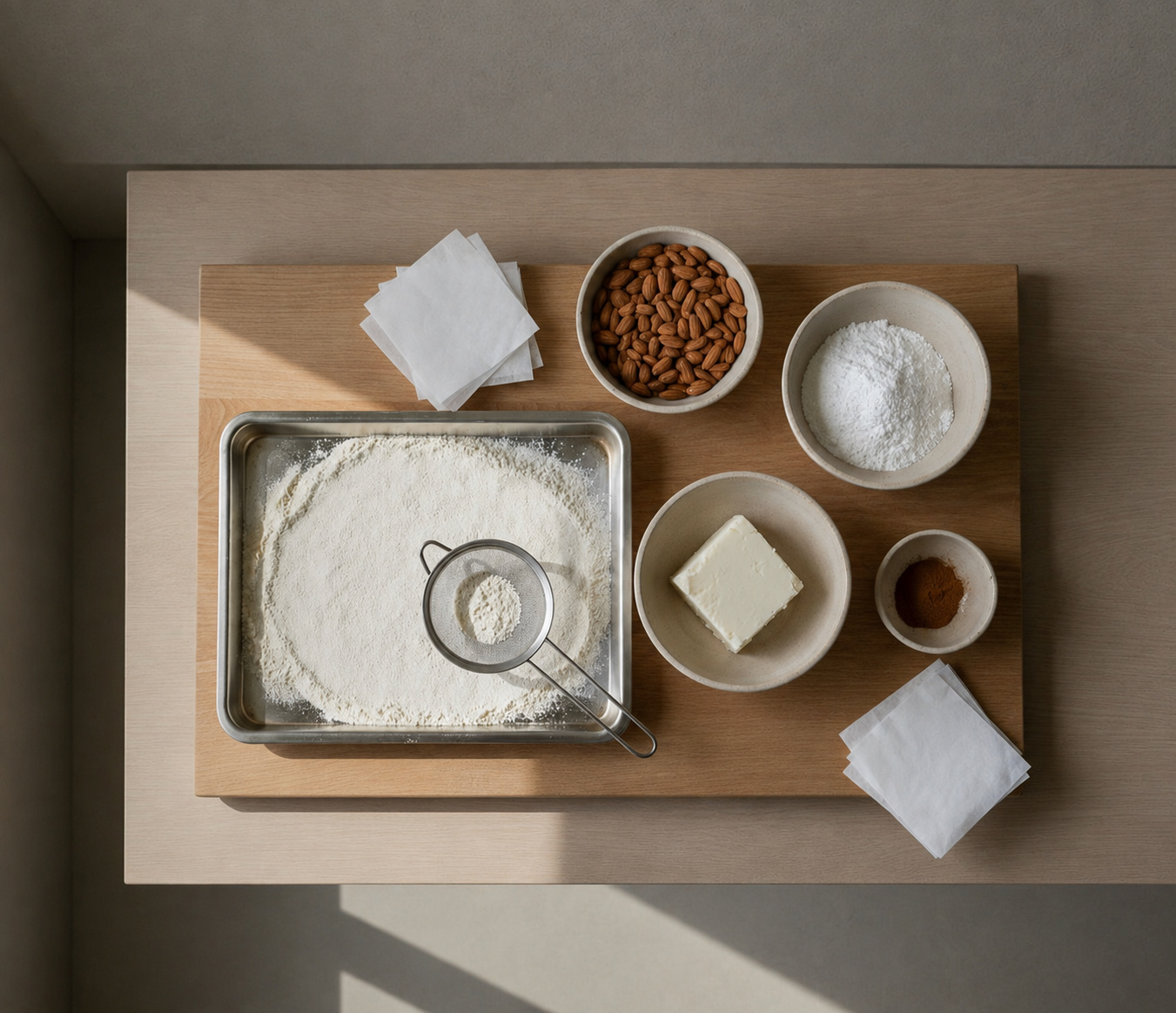 Harina, almendras marcona con piel, manteca de cerdo ibérico, azúcar glas, canela, ajonjolí y papel de seda sobre madera clara