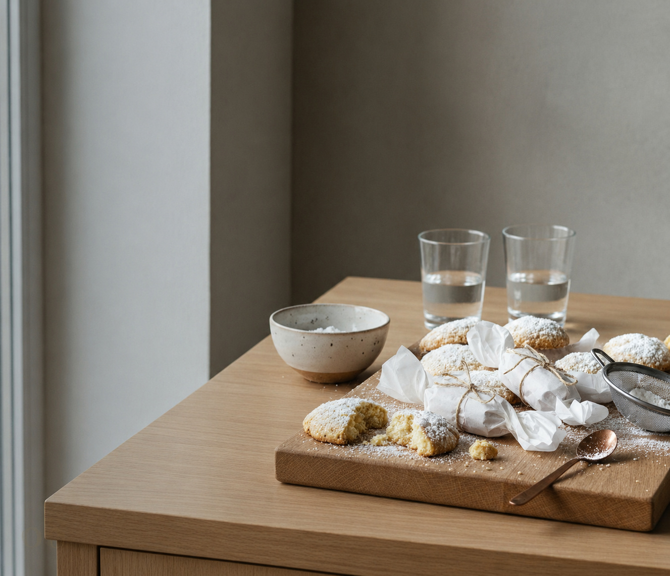 Polvorones de almendra ovalados espolvoreados de azúcar glas sobre papel de seda blanco, uno partido mostrando la miga arenosa del interior