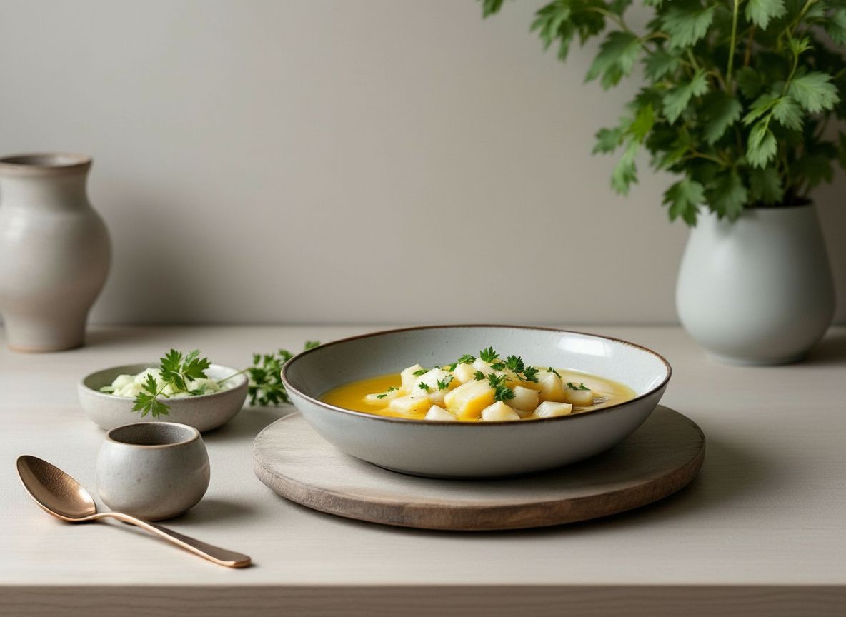 Cazuela de barro con porrusalda de caldo blanquecino y ligado, con patata chascada, puerro en rodajas, zanahoria y migas de bacalao desaladas, terminada con perejil y un hilo de aceite