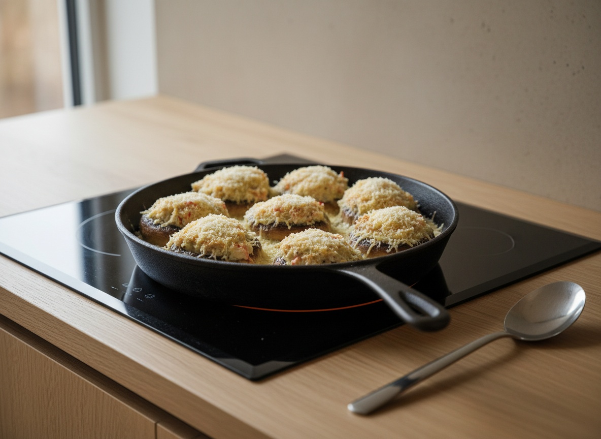 Sombreros de portobello rellenos en cúpula y cubiertos de queso rallado y pan rallado, listos para gratinar.