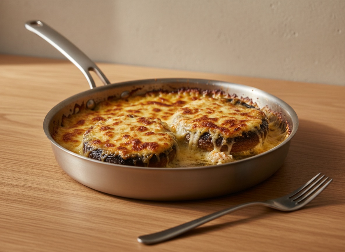 Portobello gratinándose bajo el grill con el queso fundido y dorado burbujeante, luz cálida del horno.