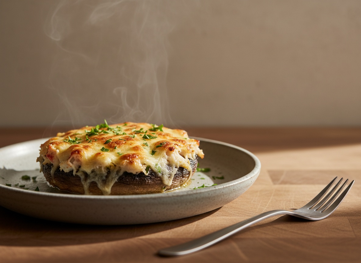 Portobello relleno de carne de cangrejo con bechamel y superficie de queso gratinado dorado y burbujeante, servido en plato de cerámica artesanal, ligero vapor y perejil picado por encima, luz natural suave desde la izquierda.