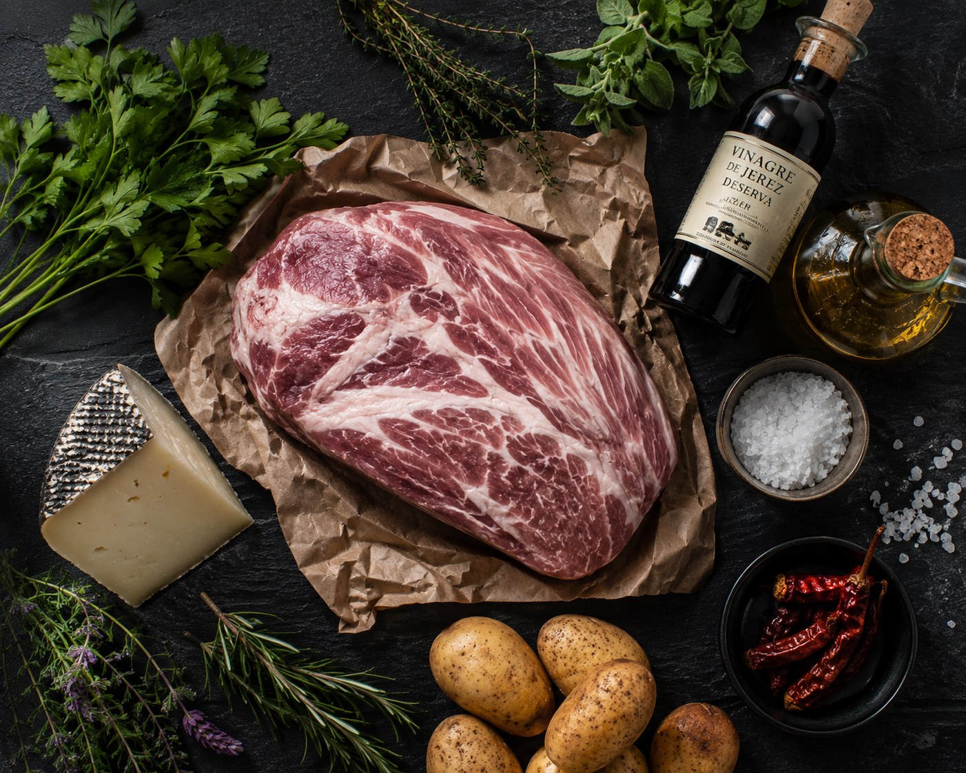 Ingredientes: presa ibérica de bellota, hierbas silvestres, queso Payoyo, patatas y guindilla