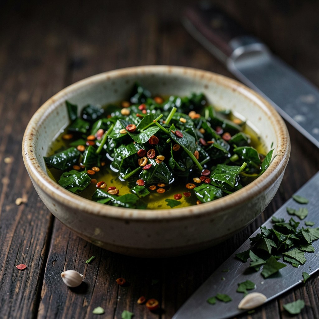Chimichurri de hierbas silvestres picadas a cuchillo macerando en aceite y vinagre
