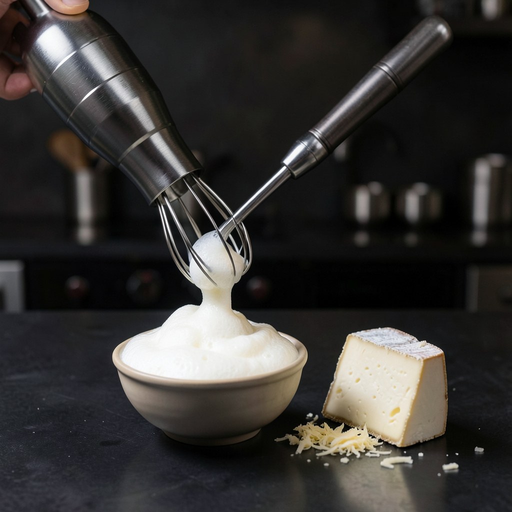 Espuma de queso Payoyo saliendo del sifón en nube cremosa