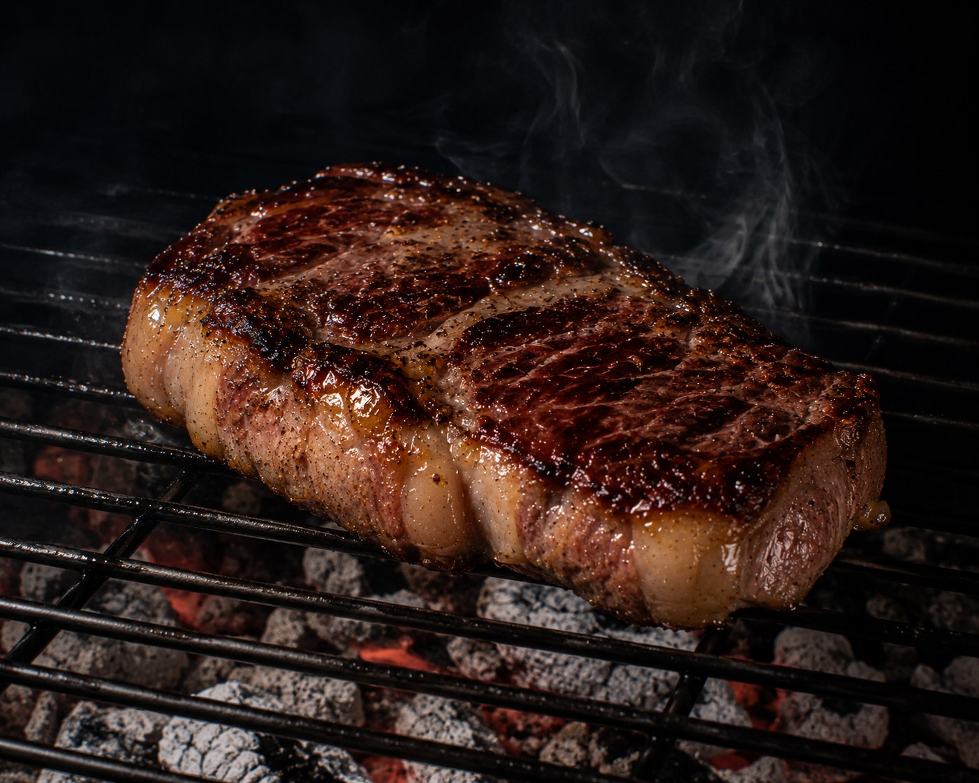 Presa ibérica marcándose sobre las brasas con humo