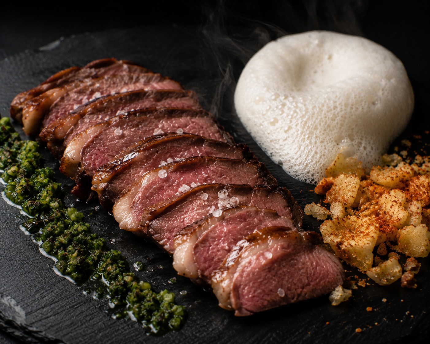 Presa ibérica de bellota a la brasa en lonchas rosadas con chimichurri verde de hierbas silvestres, espuma de queso Payoyo blanca y patata rota en plato de pizarra