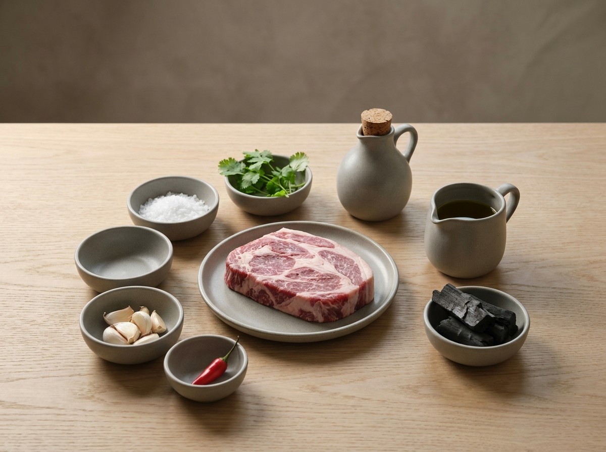 Ingredientes: presa ibérica, sal gruesa, cilantro, ajo, chili, vinagre y aceite