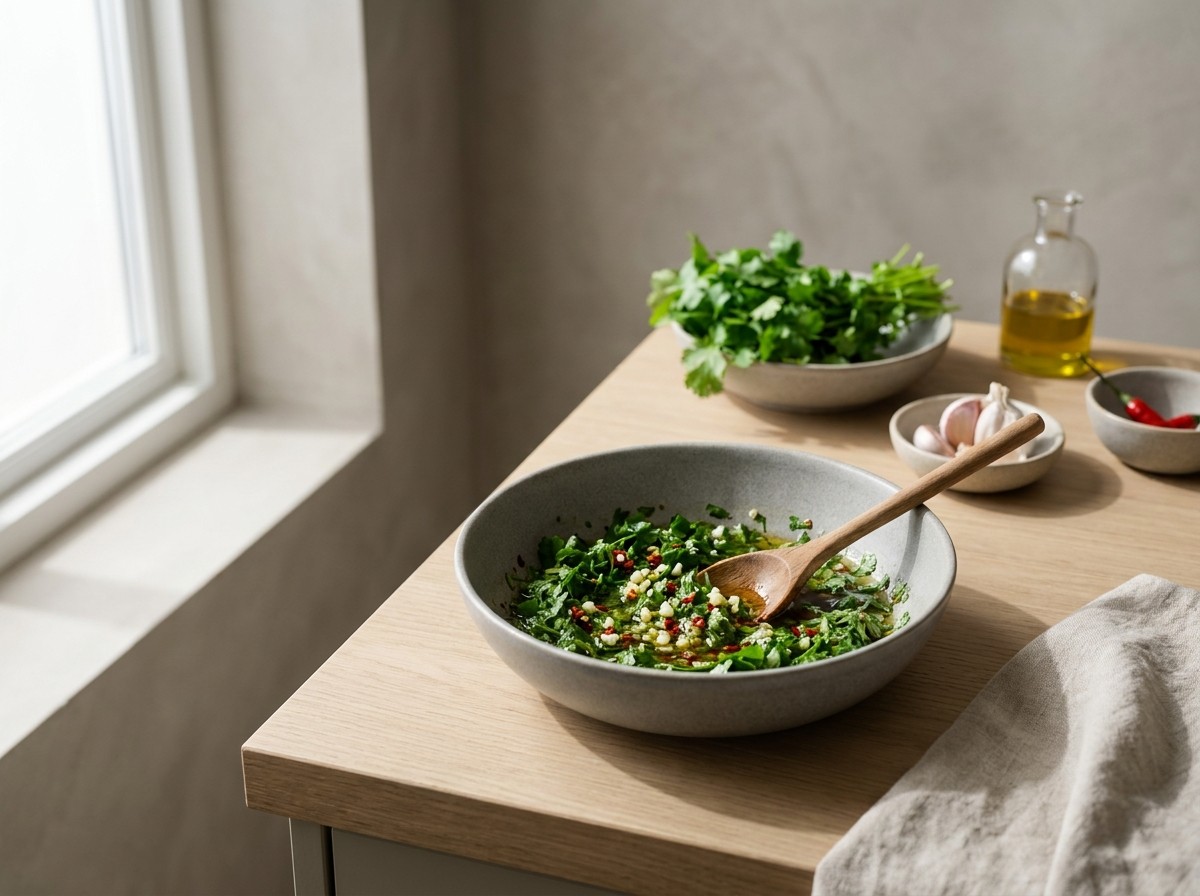 Chimichurri de cilantro mezclándose en un bol
