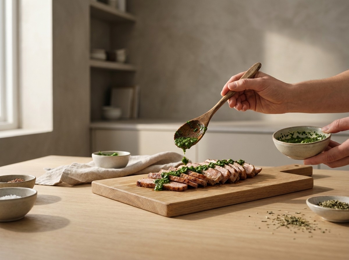 Lonchas de presa napándose con chimichurri de cilantro