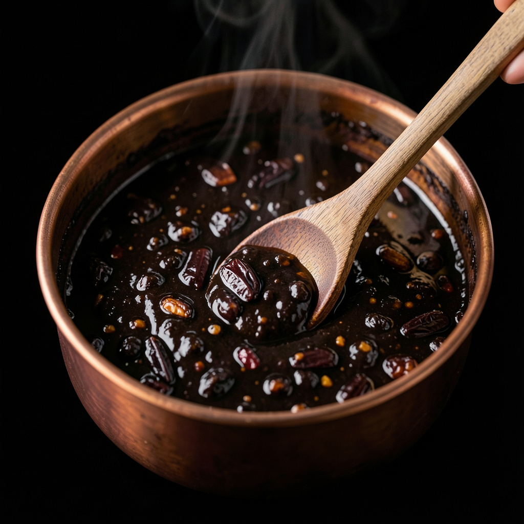 Mole negro burbujeando en cuenco de cobre con chiles hidratados, vapor aromático y cuchara de madera — color azabache profundo