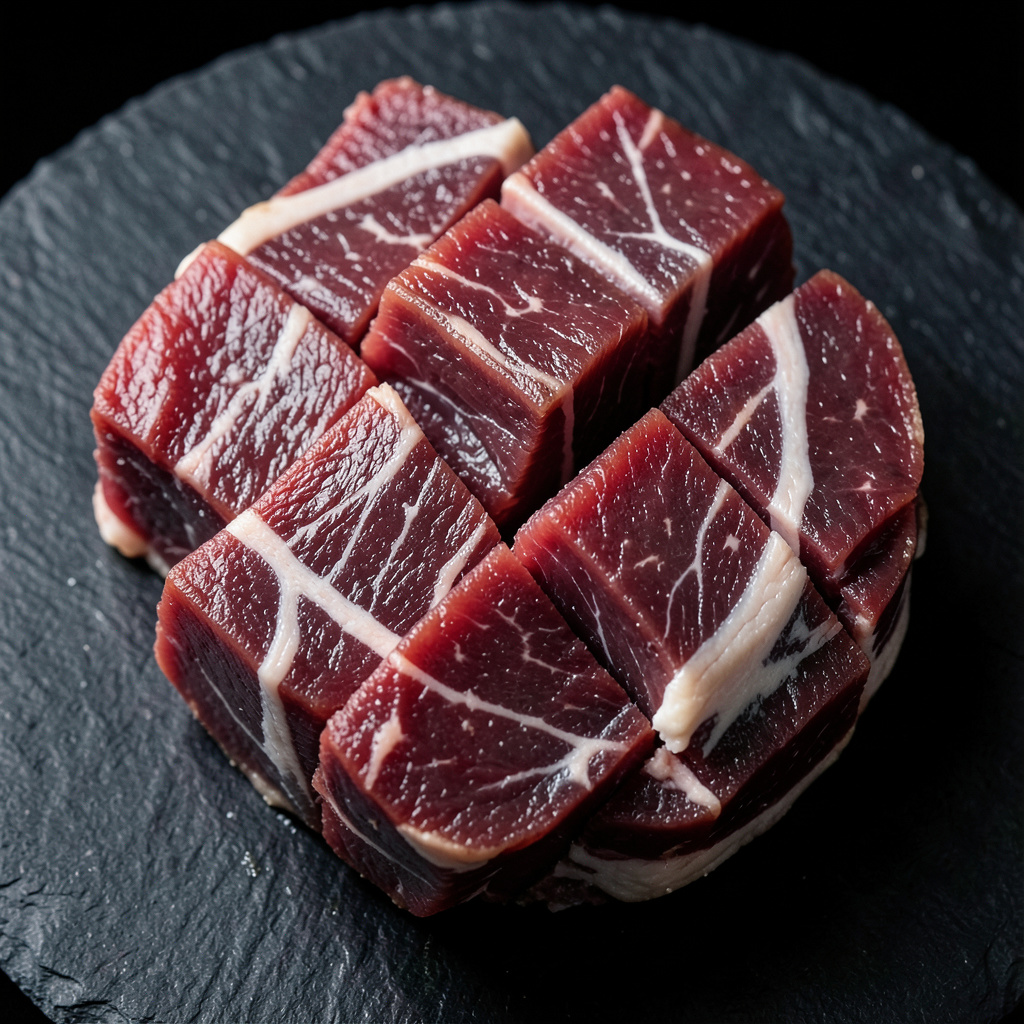 Presa ibérica de bellota cortada en dados perfectos sobre pizarra negra — vetas de grasa blanca intramuscular espectaculares, marmolado único