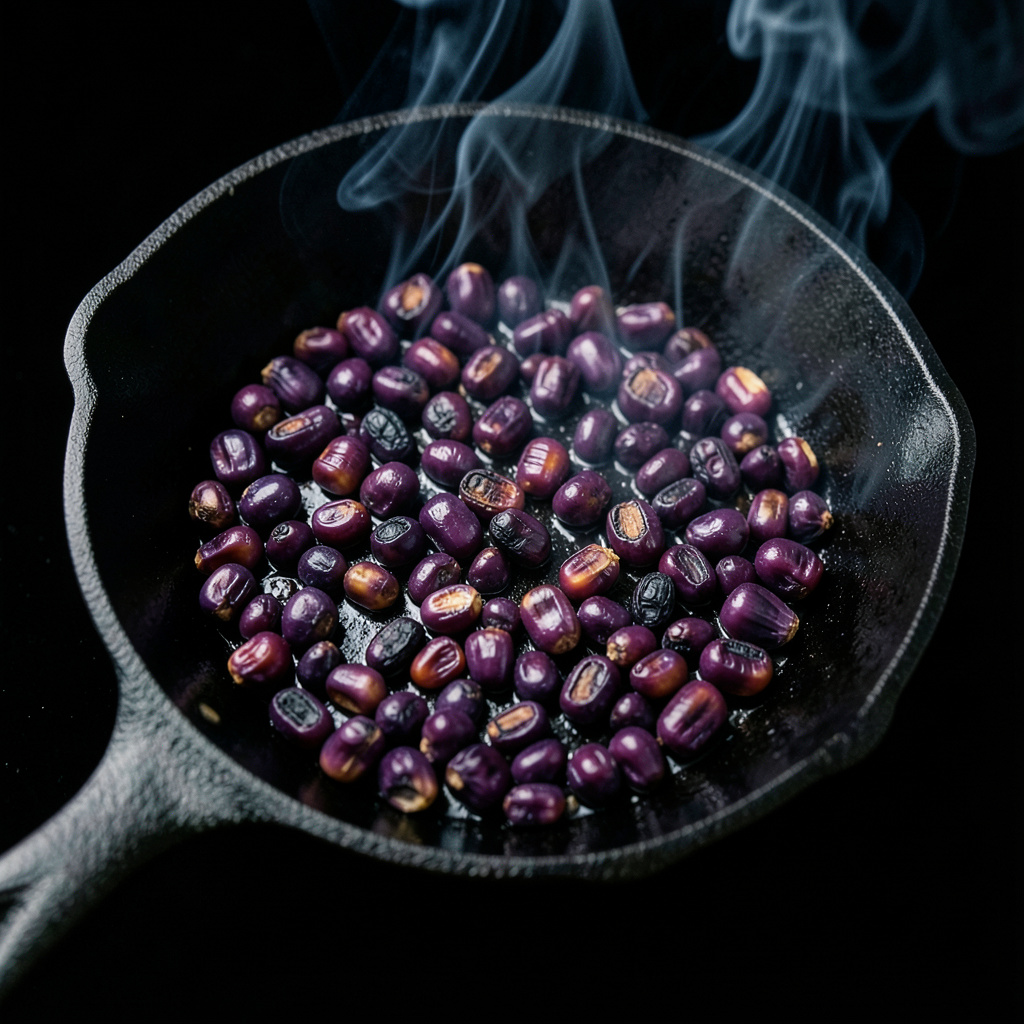 Granos de maíz morado tostándose en sartén de hierro fundido a fuego máximo — humo dramático, puntos chamuscados negros, color púrpura-carbón